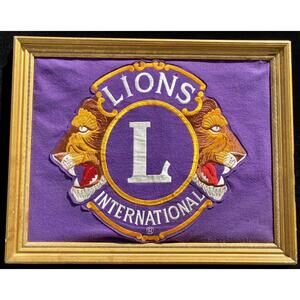 Large Vintage Lions Club International Embroidered Banner Logo Framed Patch RARE
